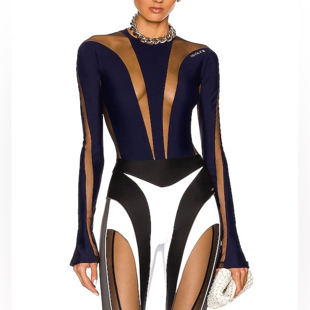 Mugler Illusion Sheer-Detail Bodysuit in Midnight Blue